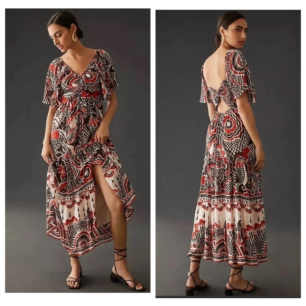 Anthropologie Tiered Maxi Dress Womens XS Brown Orange V-Neck Flutter Sleeve